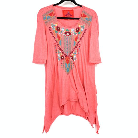 Johnny Was Embroidered Shark Bite Hem Tunic Top Sz Small Coral Pink - Picture 1 of 8